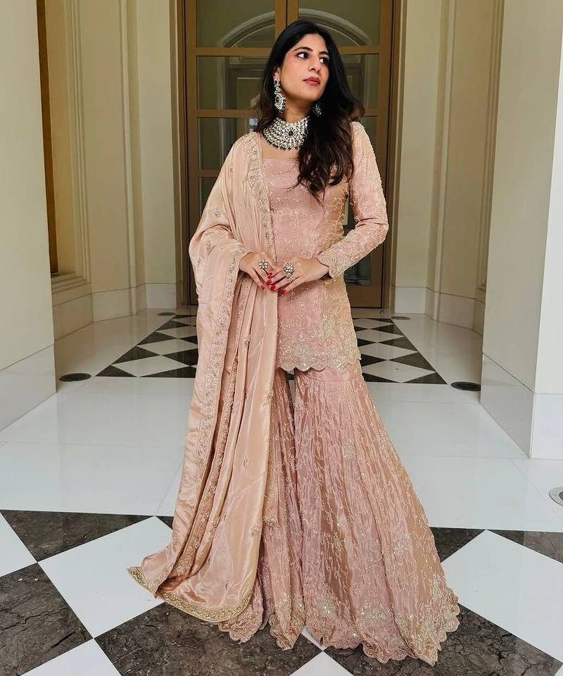 Pastel pink embroidered sharara suit