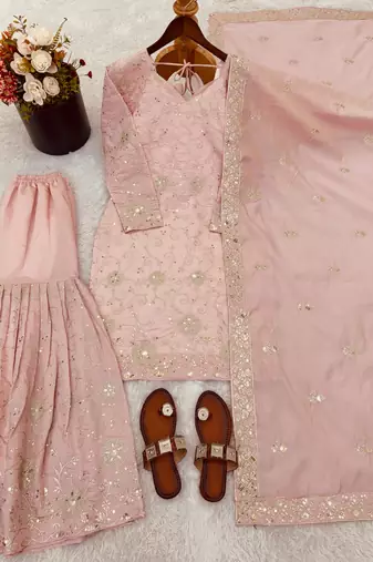 Pastel pink embroidered sharara suit