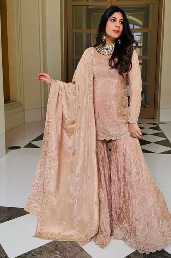 Pastel pink embroidered sharara suit