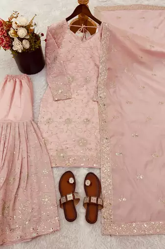 Pastel pink embroidered sharara suit