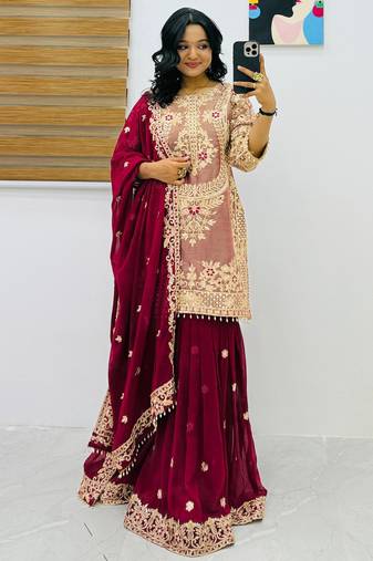 Dark pink intricate zari work sharara suit