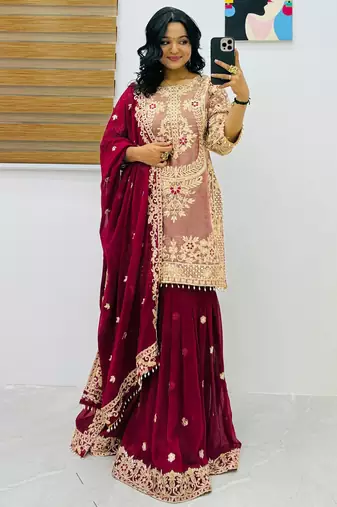 Dark pink intricate zari work sharara suit