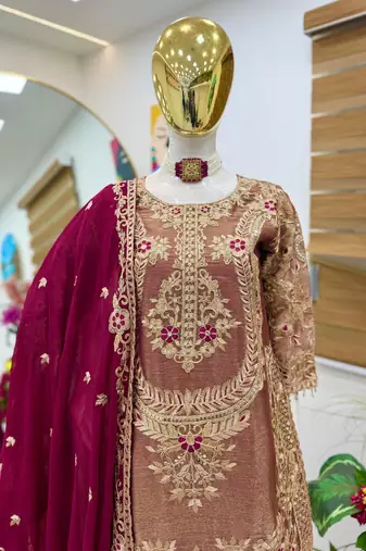Dark pink intricate zari work sharara suit