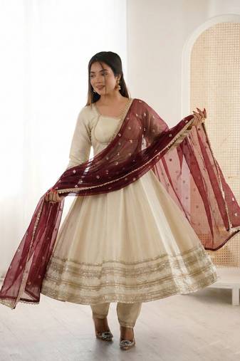 Cream silk blend anarkali with maroon contrast dupatta