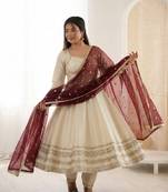 Cream silk blend anarkali with maroon contrast dupatta