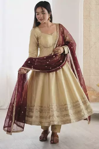 Cream silk blend anarkali with maroon contrast dupatta