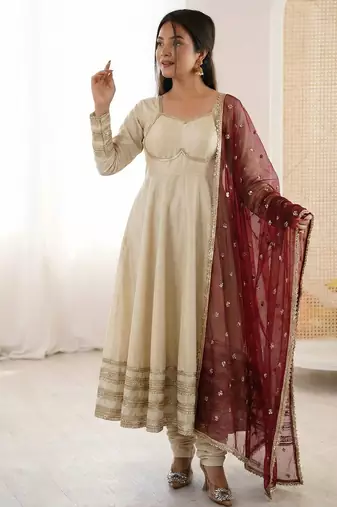 Cream silk blend anarkali with maroon contrast dupatta