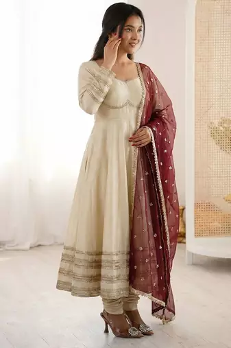 Cream silk blend anarkali with maroon contrast dupatta