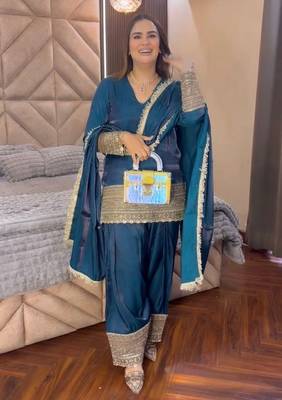 Teal blue embroidered  salwar kameez set 1
