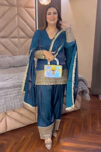 Teal blue embroidered  salwar kameez set