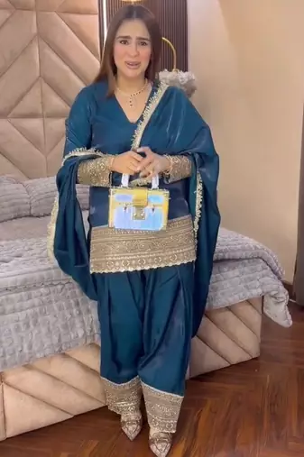 Teal blue embroidered  salwar kameez set