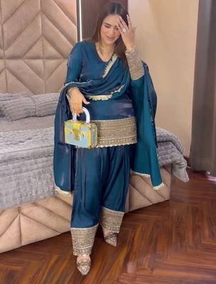 Teal blue embroidered  salwar kameez set 3