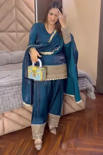 Teal blue embroidered  salwar kameez set