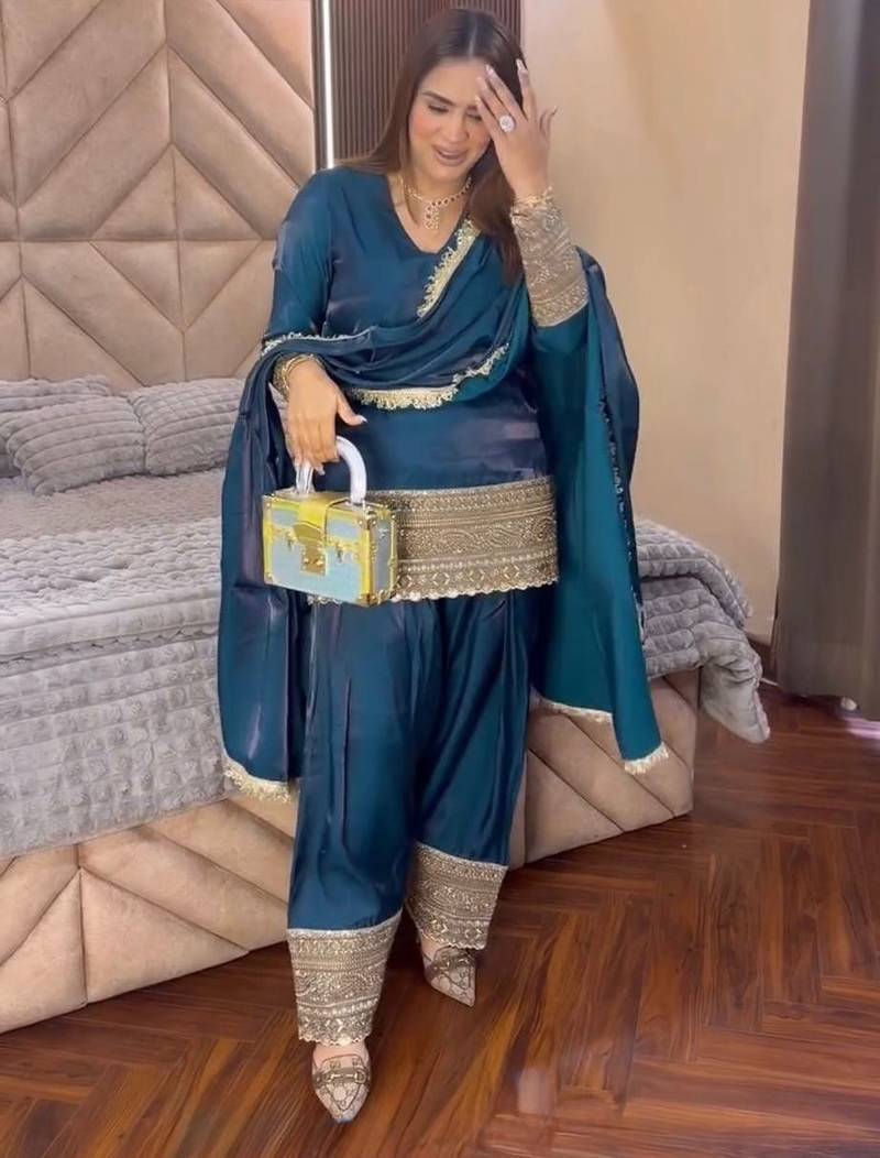 Teal blue embroidered  salwar kameez set