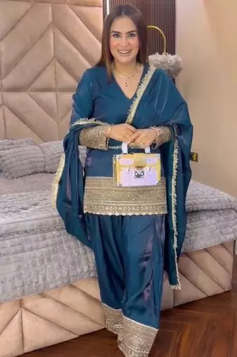 Teal blue embroidered  salwar kameez set
