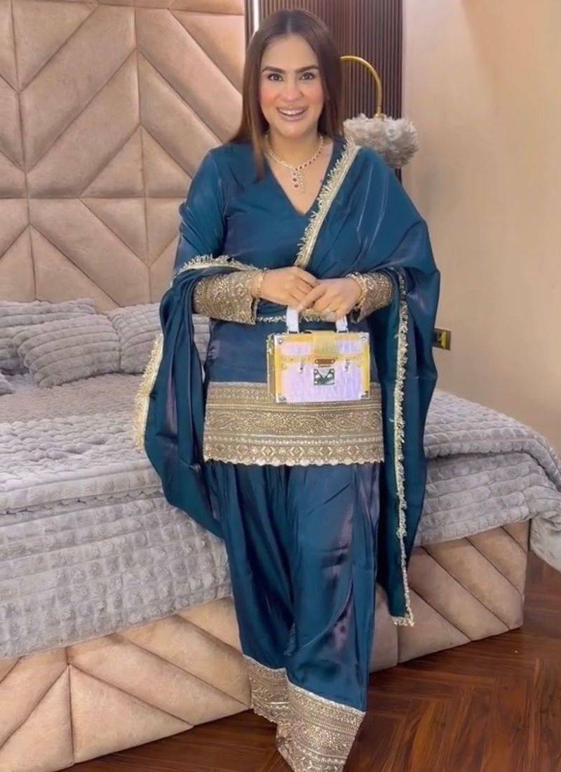 Teal blue embroidered  salwar kameez set