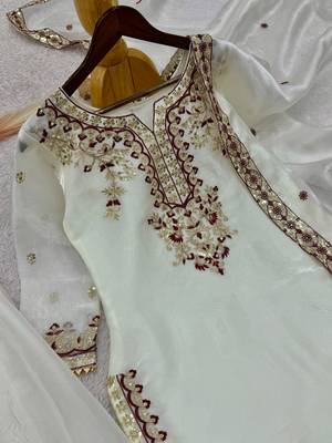 Ivory silk blend embroidered palazzo ensemble 4