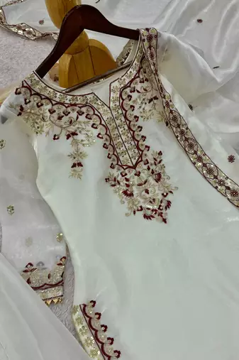 Ivory silk blend embroidered palazzo ensemble