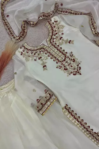 Ivory silk blend embroidered palazzo ensemble