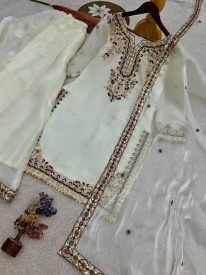 Ivory silk blend embroidered palazzo ensemble 6