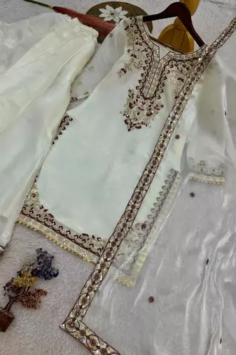 Ivory silk blend embroidered palazzo ensemble