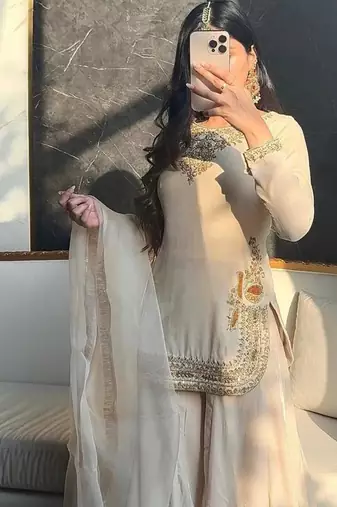 Ivory silk blend embroidered palazzo set