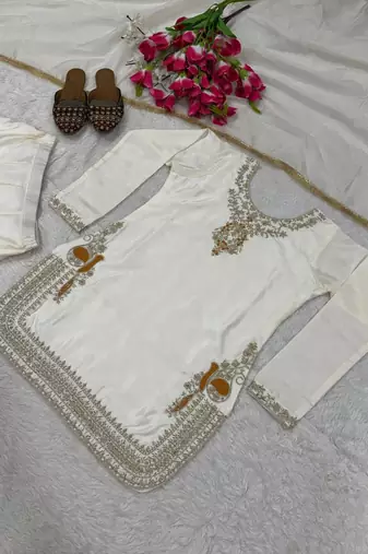 Ivory silk blend embroidered palazzo set