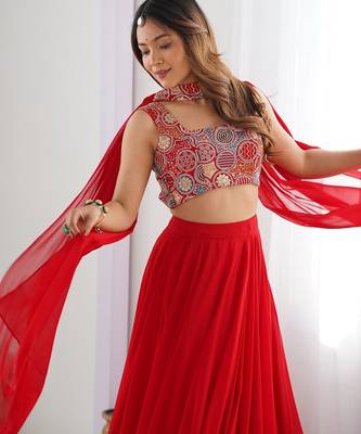 red full stitched fox georgette lehenga choli set for women 2