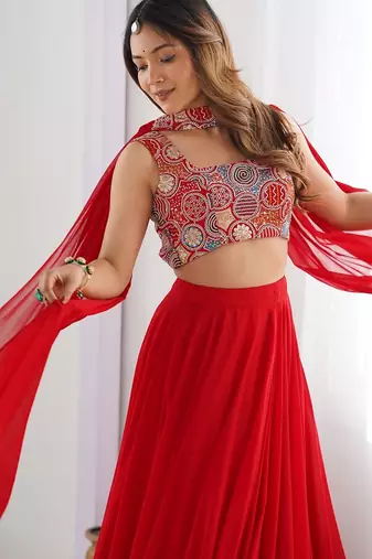 red full stitched fox georgette lehenga choli set for women