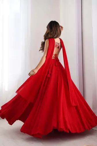 red full stitched fox georgette lehenga choli set for women