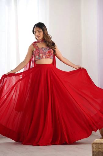 red full stitched fox georgette lehenga choli set for women