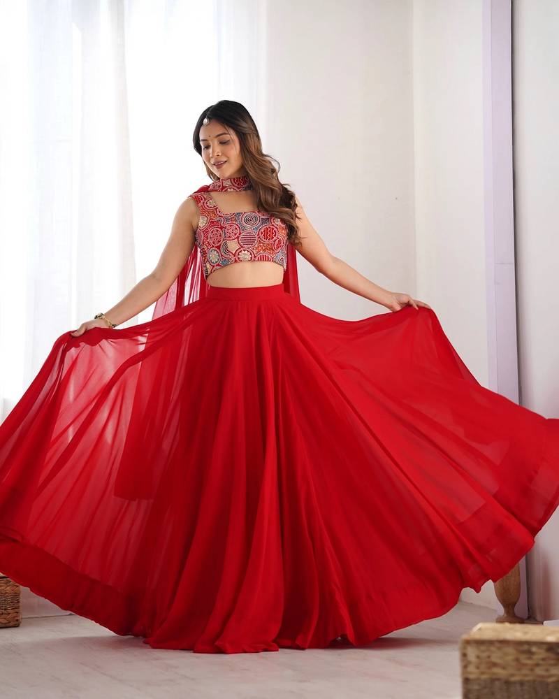 red full stitched fox georgette lehenga choli set for women