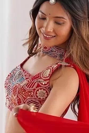 red full stitched fox georgette lehenga choli set for women