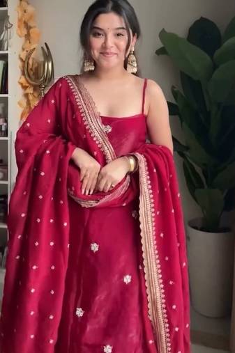 Deep crimson silk blend anarkali set