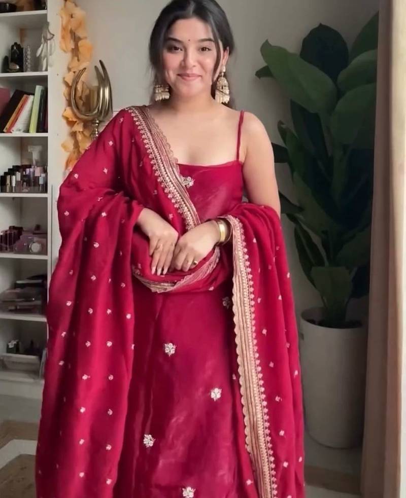 Deep crimson silk blend anarkali set