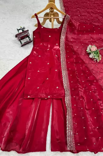 Deep crimson silk blend anarkali set