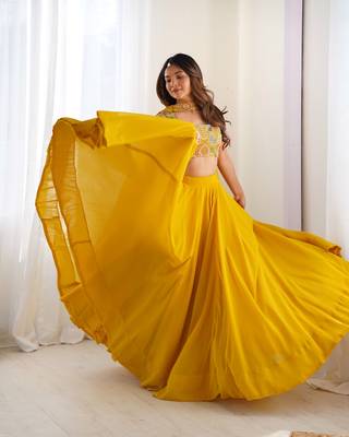 yellow full stitched fox georgette lehenga choli set for women 1