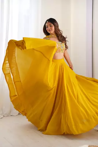 yellow full stitched fox georgette lehenga choli set for women