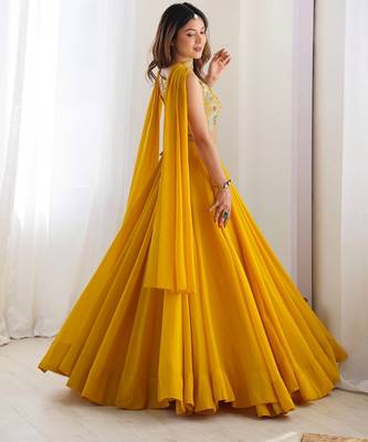 yellow full stitched fox georgette lehenga choli set for women 2