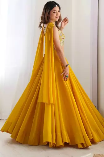 yellow full stitched fox georgette lehenga choli set for women