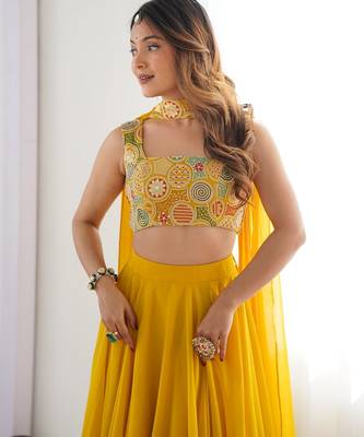 yellow full stitched fox georgette lehenga choli set for women 3