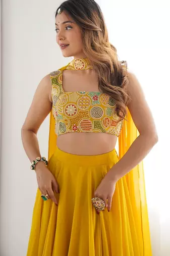 yellow full stitched fox georgette lehenga choli set for women