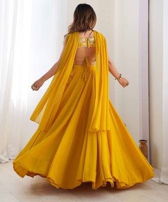 yellow full stitched fox georgette lehenga choli set for women 4