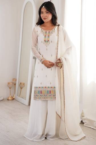White color thread zari sequince embroidered work crunchy silk anarkali set