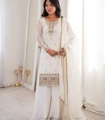 White color thread zari sequince embroidered work crunchy silk anarkali set