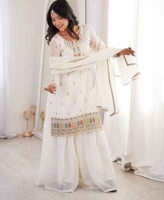 White color thread zari sequince embroidered work crunchy silk blend anarkali set 2
