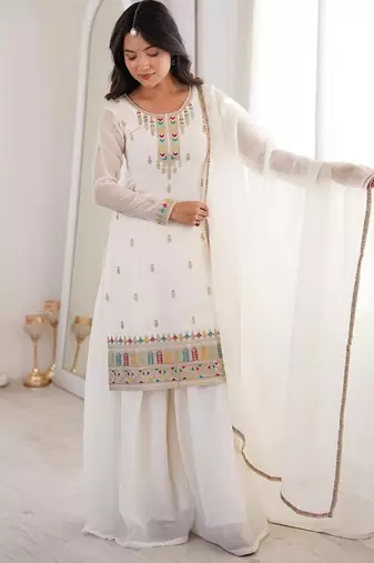 White color thread zari sequince embroidered work crunchy silk blend anarkali set