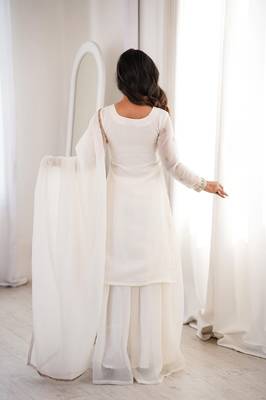 White color thread zari sequince embroidered work crunchy silk blend anarkali set 4