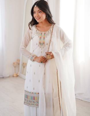 White color thread zari sequince embroidered work crunchy silk blend anarkali set 5