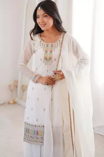 White color thread zari sequince embroidered work crunchy silk blend anarkali set